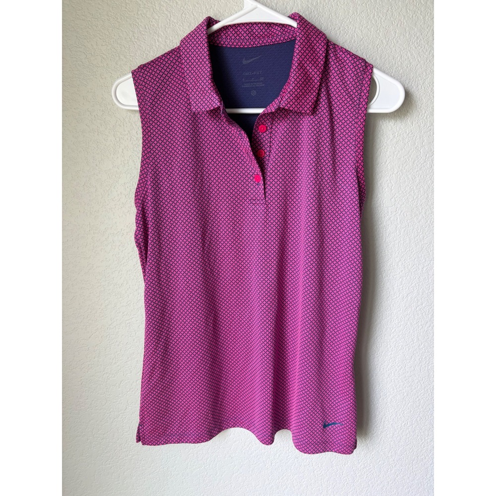 Nike Golf Dri-FIT Sleeveless Polo Shirt Womens Small Pink Navy Geometric Print